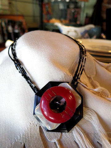 Pendant Necklace of Jet Bugles and Vintage Buckles